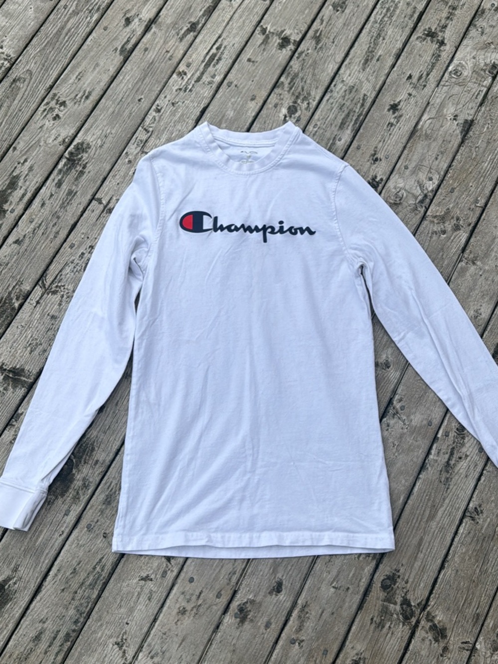Champion White Long Sleeve Logo Shirt with Red & Navy Accent